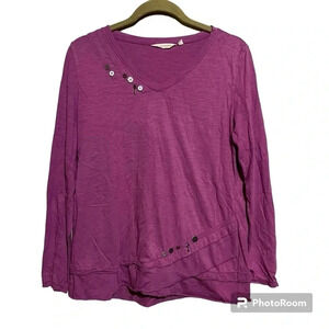 Soft Surroundings Tunic Shirt Womens M Purple V Neck Long Sleeve Charms Buttons